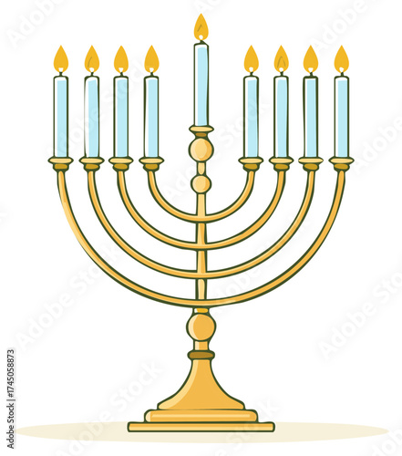 Illustration of a golden menorah with burning candles, Hanukkah symbol