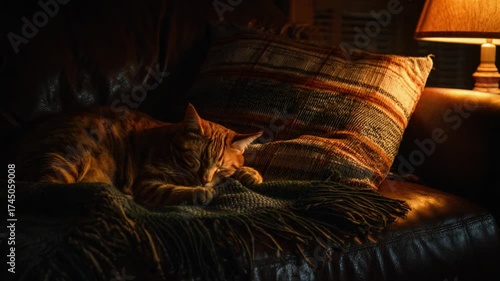 A Cozy Ginger Cat Nestled Comfortably on a Warm Blanket Surrounded by Dim Lighting, Exuding Relaxation and Contentment in a Home Environment