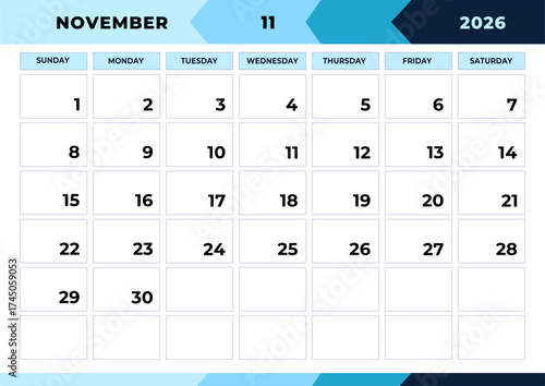 November 2026, planner monthly design. Calendar 2026, Week Starts Sunday, One Page. Design Planner Template. Print.