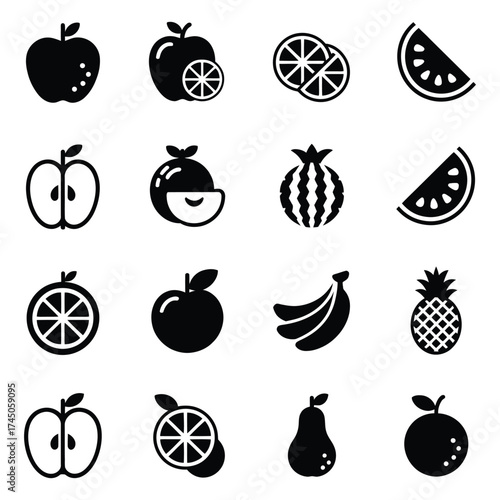 Fruit Solid Icons Set: Apple, Orange, Watermelon, and Tropical Food Vectors, set of fruit icons