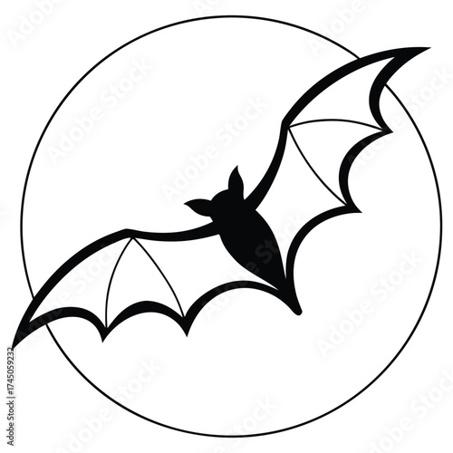 A black silhouette of a moon and a bat