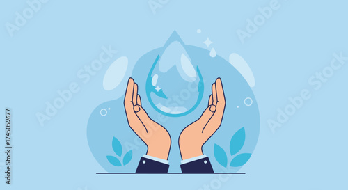 Hands Cupping a Large Water Droplet with Abstract Blue Background and Green Leaves