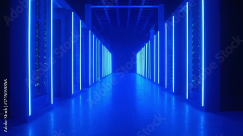 A mesmerizing corridor illuminated by striking blue LED lights, creating a futuristic atmosphere. This captivating visual showcases technological sophistication and modern design.