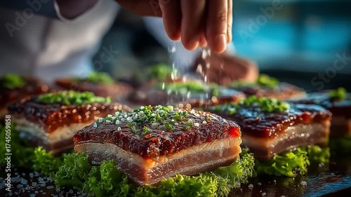 Chef seasoning cooked meat with green garnish overhead shot