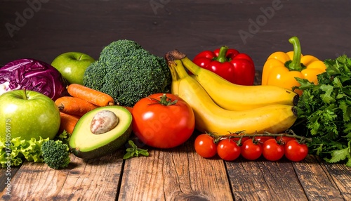 Colorful fruits and vegetables on a wooden table