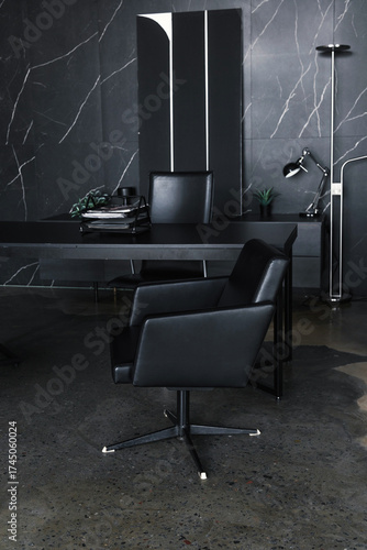 Modern black leather office furniture in luxury interior for business workspace and design inspiration concept