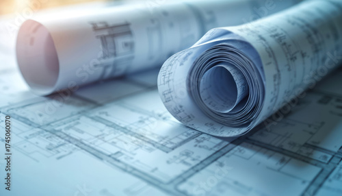Rolled architectural blueprints sit on a table next to more blueprints. Drawings represent building plans designs. This illustration shows urban development construction real estate.