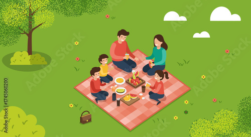 A cheerful flat design illustration depicting a diverse family enjoying a delightful picnic in a park, sharing food and laughter under the sun. 