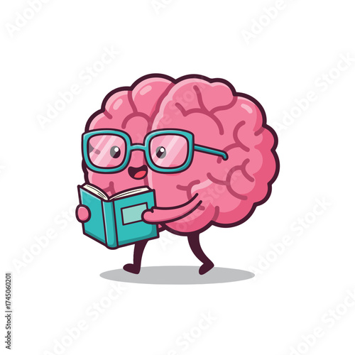 Adorable Cartoon Brain Character Wearing Glasses Reading a Book.