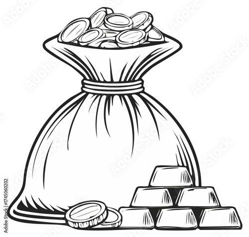 Bag filled with gold coins and gold bars in linear monochrome style