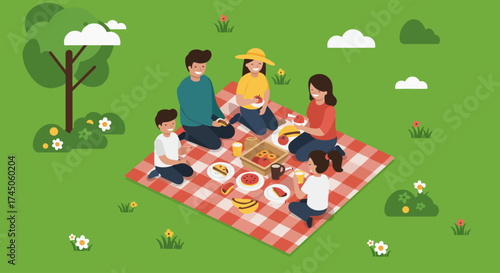 A cheerful flat design illustration depicting a diverse family enjoying a delightful picnic in a park, sharing food and laughter under the sun. 