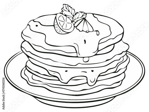 Stack of pancakes with syrup, lemon, and mint, breakfast illustration on a plate