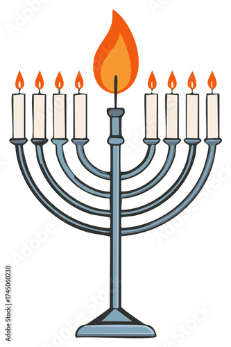 Menorah vector illustration. Traditional Hanukkah candelabra with lit candles and flame.