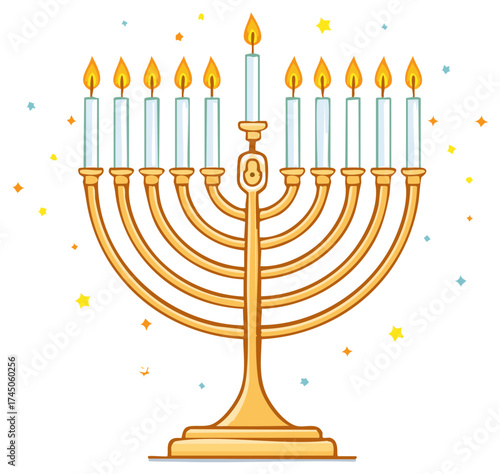 Golden Menorah with Brightly Lit Candles for Jewish Hanukkah Celebration