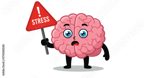 Cartoon brain character holding a STRESS warning sign with worried expression.