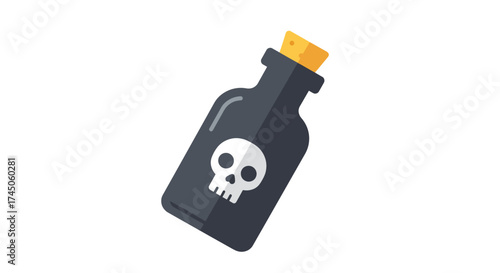 Black Glass Bottle with Skull Symbol and Cork Stopper.