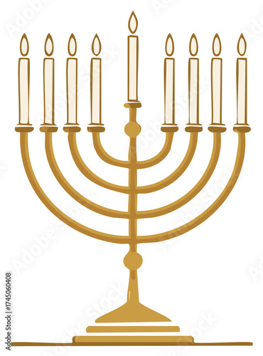 Illustration of golden menorah with nine unlit candles ready for Hanukkah celebration Jewish tradition