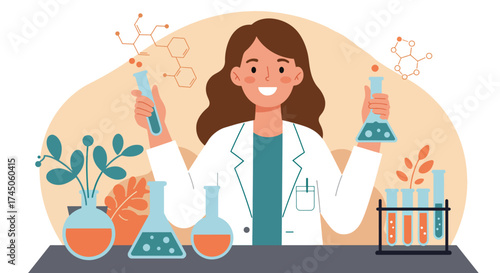 Cheerful female scientist in lab coat holding test tubes with colorful liquids.