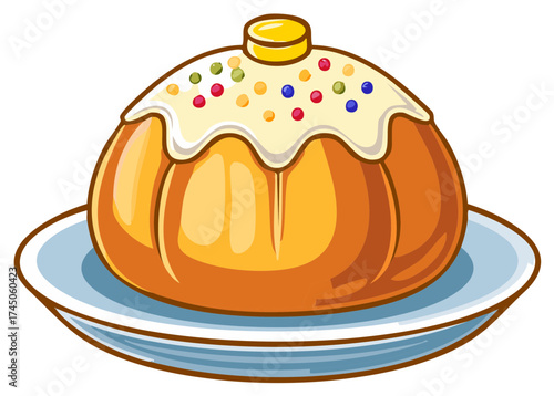 Cartoon illustration of a festive, decorated pastry on a plate.