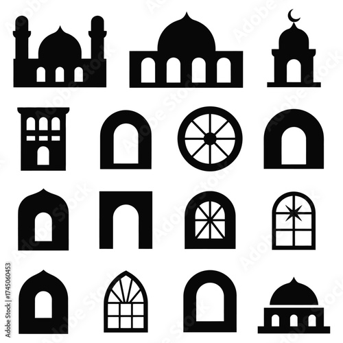 Islamic mosque silhouettes with domes a minaret vector art. Black mosque silhouettes with crescent moon. Beautiful Islamic mosque silhouette for Ramadan. Traditional mosque silhouettes for Islamic art