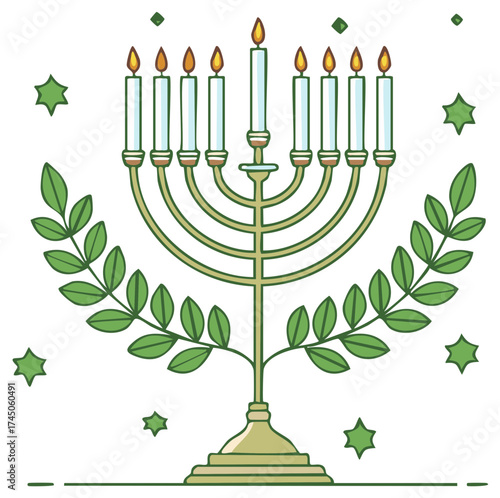 Menorah with Lit Candles and Greenery for Celebration Holiday Background