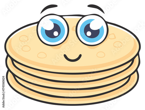 Cartoon Stack of Pancakes with Happy Face and Big Blue Eyes