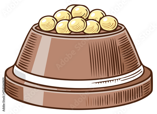 Brown bowl full of golden round objects with white stripe detail