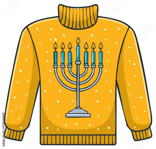 Festive yellow ugly Hanukkah sweater with a lit menorah cartoon illustration