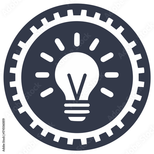 Bright idea light bulb glowing within a cogwheel gear icon symbolizing innovation engineering and progress