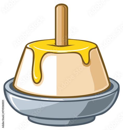 Dessert confection on a stick with yellow syrup in a bowl