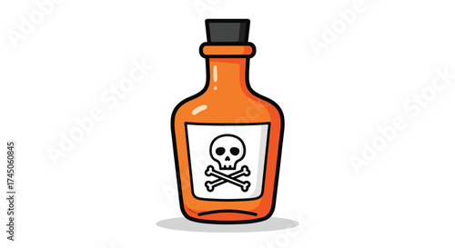 Orange glass bottle with skull and crossbones poison label.