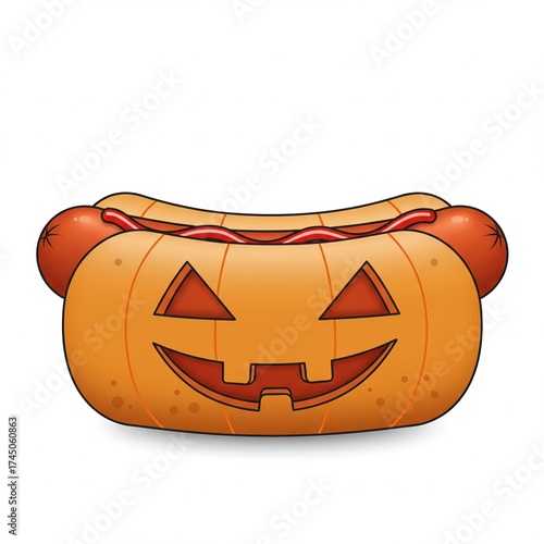 A whimsical Halloween-themed hot dog resembling a carved pumpkin, featuring a smiling face with various playful elements, perfect for seasonal celebrations