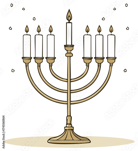Traditional golden Hanukkah menorah with nine lit candles celebrating the Festival of Lights