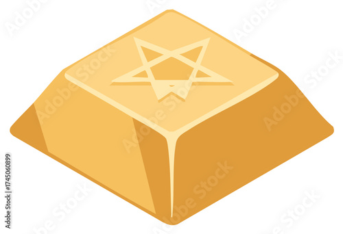 Geometric illustration of a gold bar with a pentagram symbol on top in isometric view