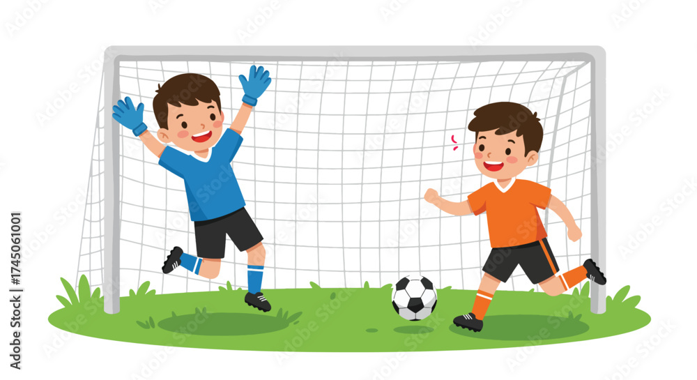Fototapeta premium Two young boys playing soccer in front of a goal one as goalkeeper the other kicking the ball.