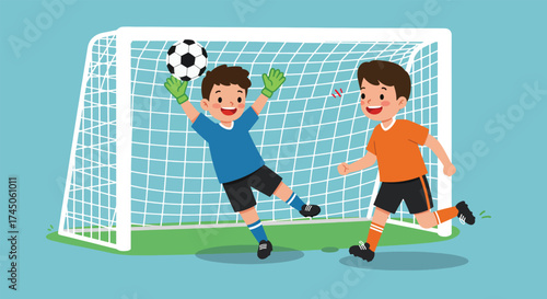 Two young boys playing soccer one a goalkeeper saving a goal.