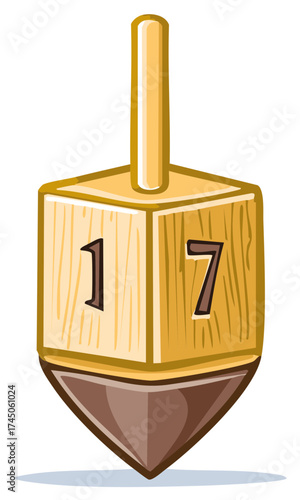 Cartoon Dreidel with numbers 1 and 7 for Hanukkah Celebration