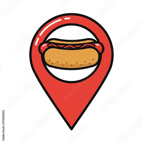 A playful red map pin design featuring a hotdog in the center, combining elements of food and location, suggesting a food spot or restaurant