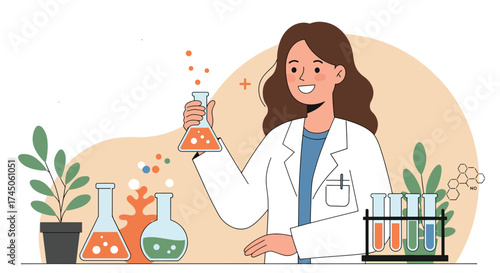 Woman scientist in lab coat conducting experiment with flasks and test tubes.
