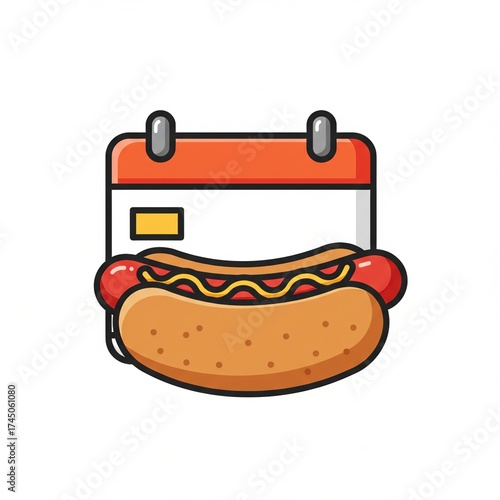 A whimsical illustration combining a calendar with a hot dog, featuring vibrant colors and simple lines, suggesting a playful theme of food and time management