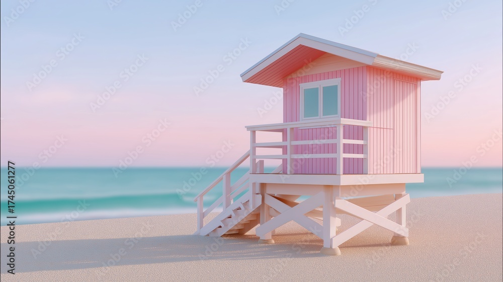 Obraz premium Pastel Pink Lifeguard Hut on Beach