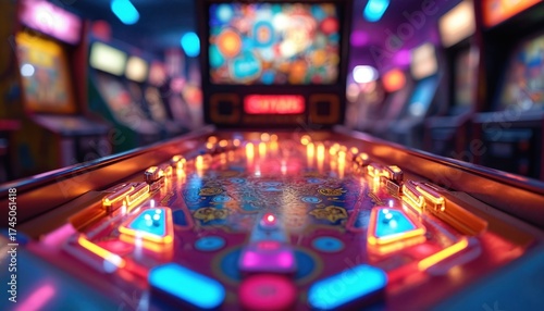Close-up of vintage pinball machine in brightly lit arcade. Colorful pinball machine with glowing lights, buttons. Neon lights reflect on metal, plastic surface. Game machine flipper buttons, score