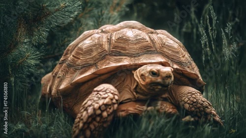 A Majestic Close-Up of a Tortoise in a Lush Green Environment, Showcasing Its Intricate Shell and Expressive Features as It Navigates Through the Grass