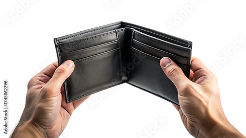 Hands holding open an empty black leather wallet isolated on transparent background