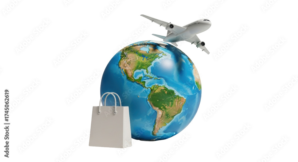 Fototapeta premium Isolated illustration of global airline shipping business, globe, commercial airplane