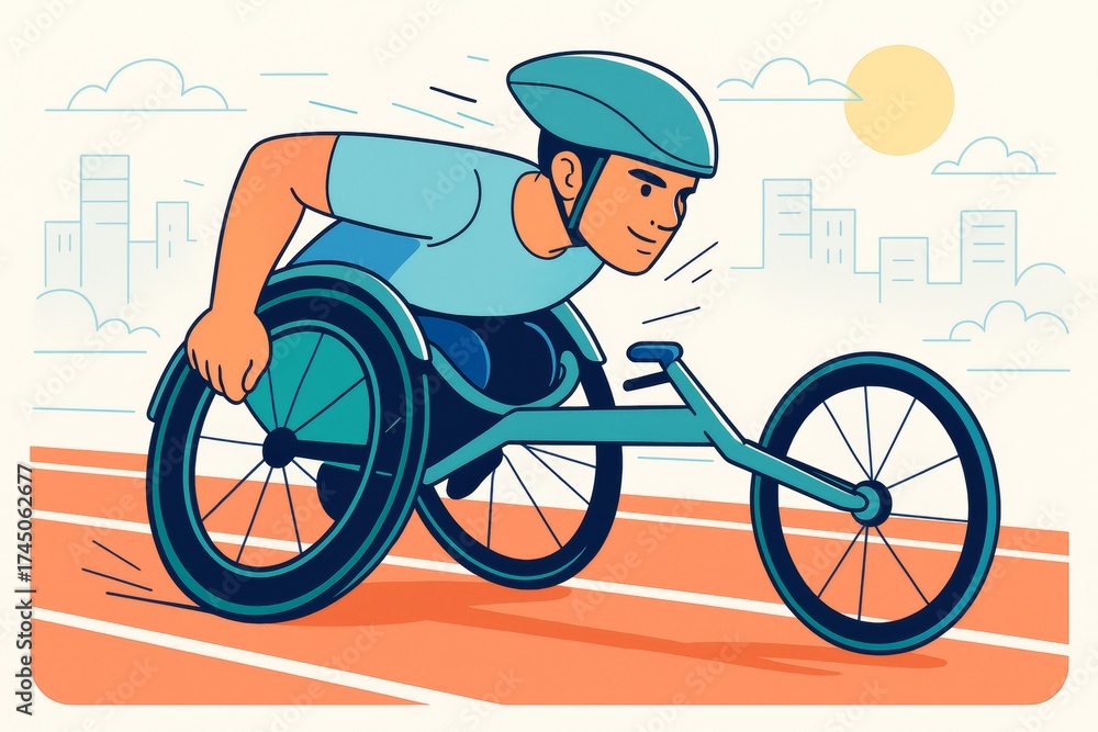 Obraz premium Athlete in racing wheelchair speeding on track with city skyline and sun in soft abstract background, dynamic cartoon style illustration. Ai generative