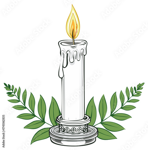 Decorative Burning Candle with Green Laurel Leaves and Ornate Holder
