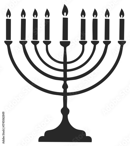 Eight Branch Menorah with Lit Candles Vector Silhouette