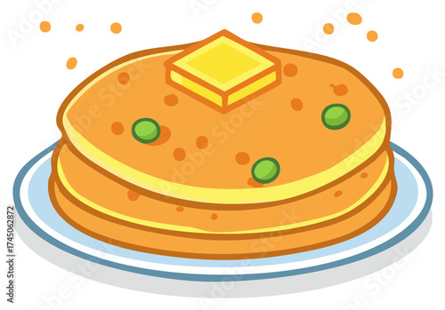 Stack of delicious cartoon pancakes with butter and green peas on a plate