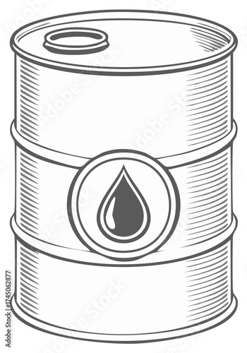 Industrial oil barrel with a petroleum drop symbol rendered in a classic engraved illustration style